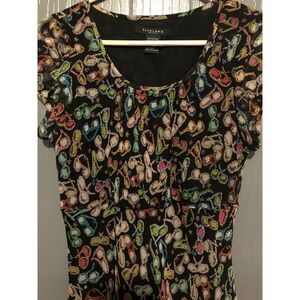 SILKLAND Petite Black Sunglasses Print Sheer Chiffon babydoll Top P M